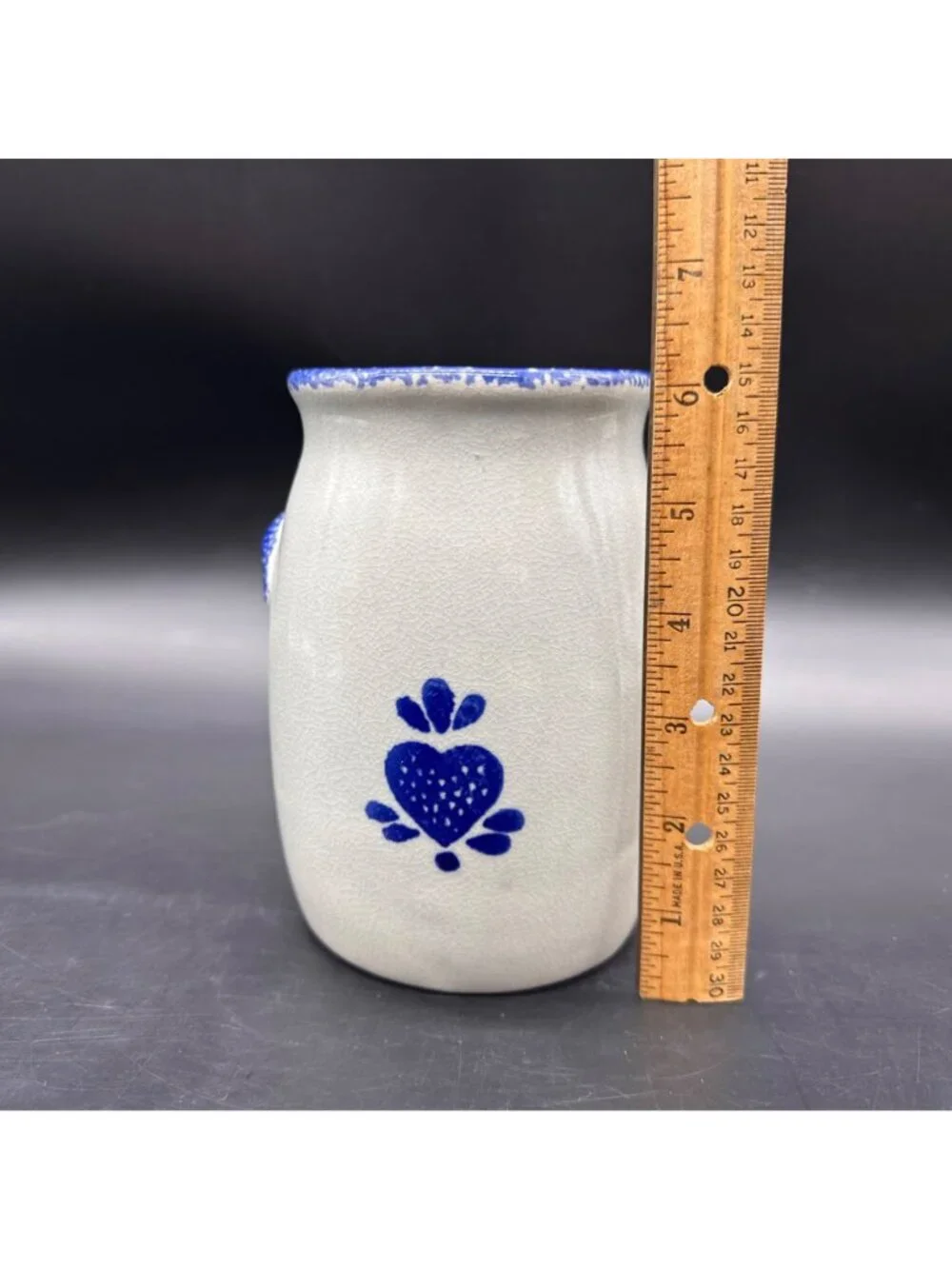 Vintage Crock Gray Blue Heart Utensil Holder Vase Country Cottage 1990s Ceramic